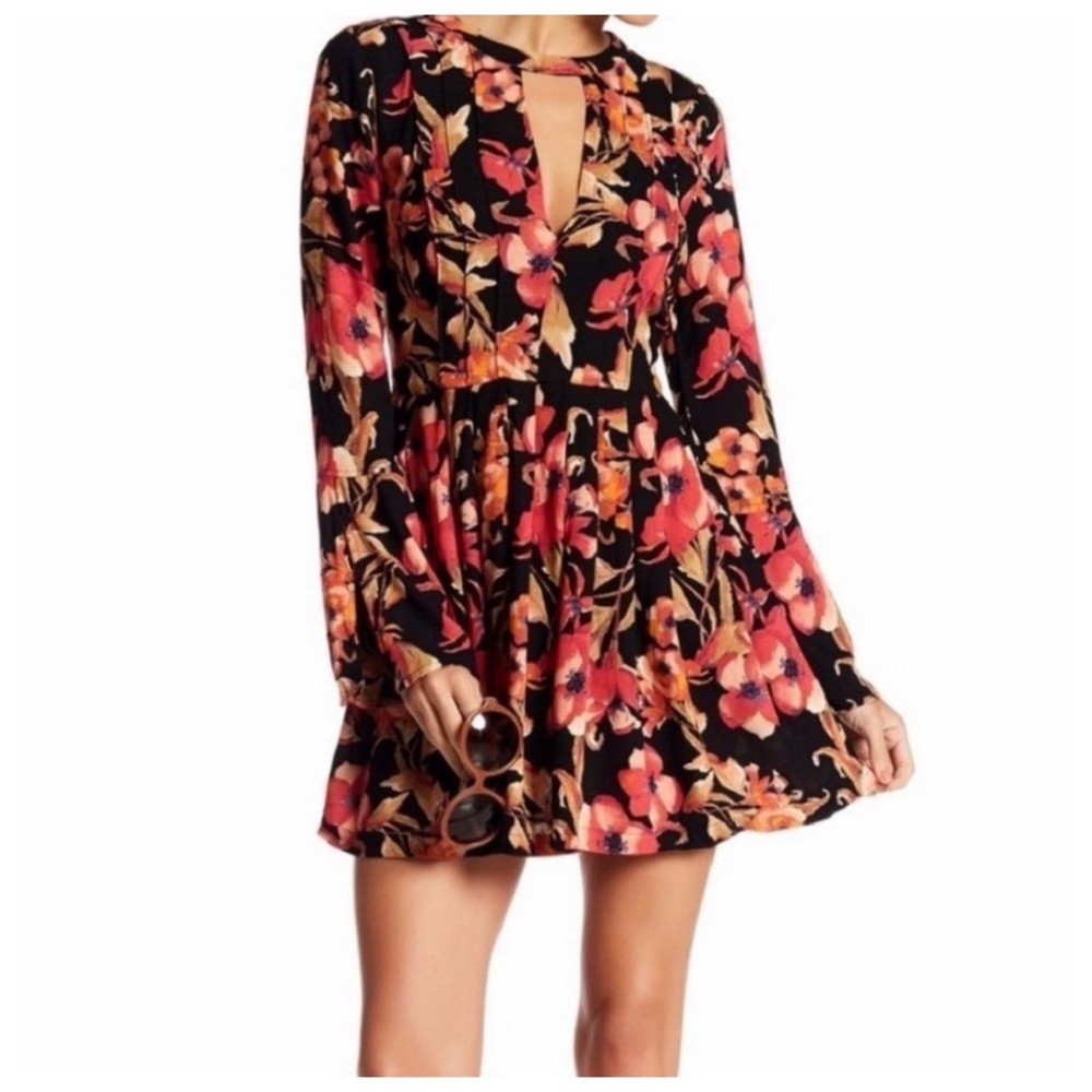 Free People Black Pink Floral Tegan Mini Dress